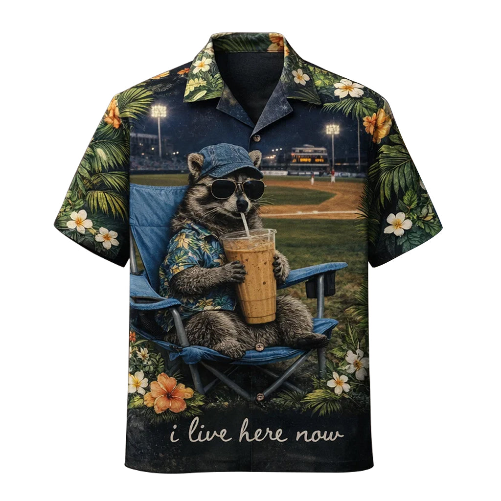 Raccoon Baseball Hawaiian Shirt, Funny Animal Stadium Aloha Shirt, Summer Sports Fan Shirt