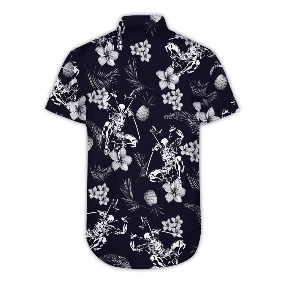 NoClaws NoClaws Deadpool Hawaii Shirt Marvel Deadpool Tropical Pineapples Flowers Pattern Hawaiian Shirt Black Unisex