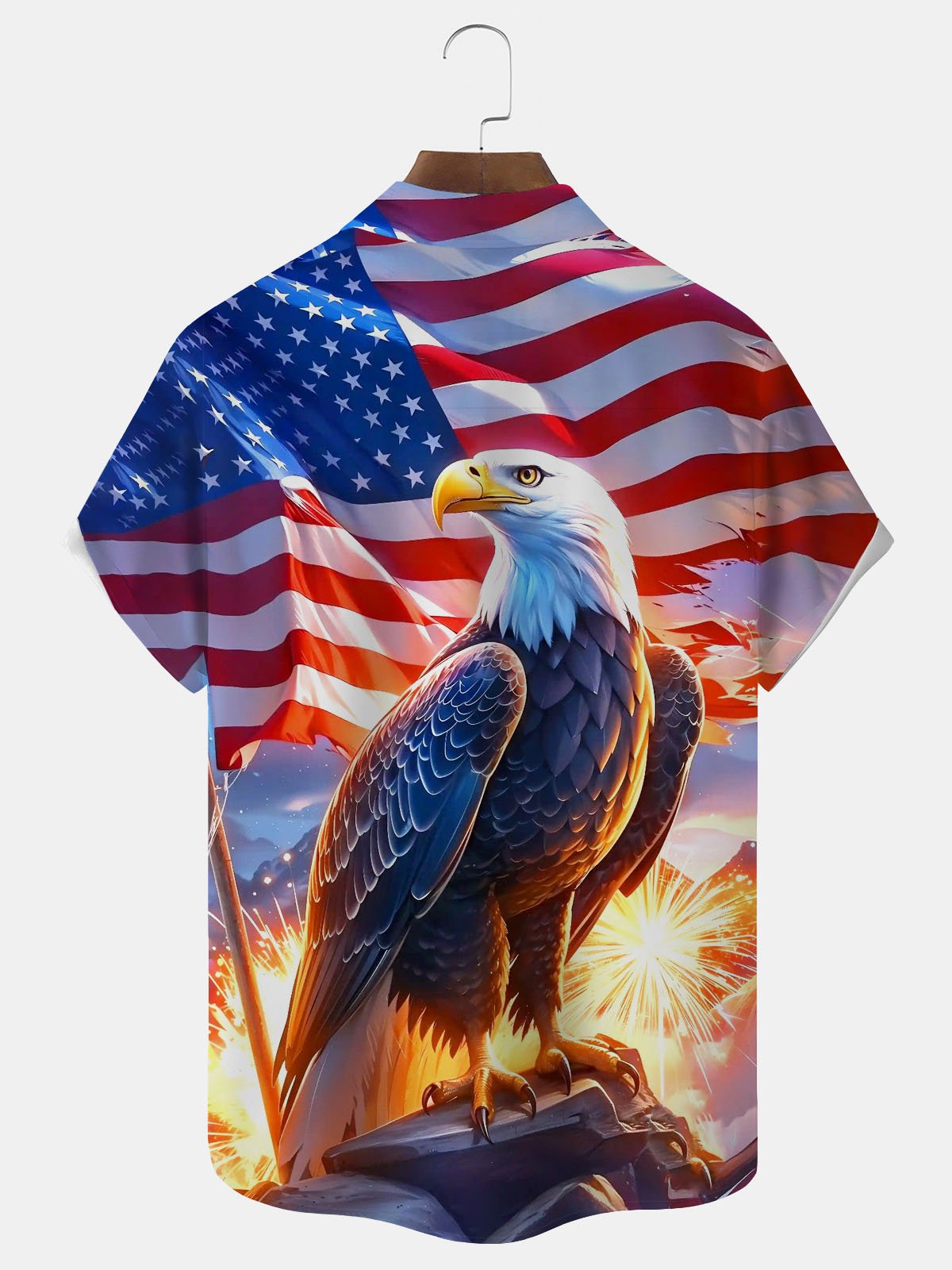 Alohadaddy®  Retro Flag Bald Eagle Print Men's Button-Down Pocket Short-Sleeve Shirt Big & Tall