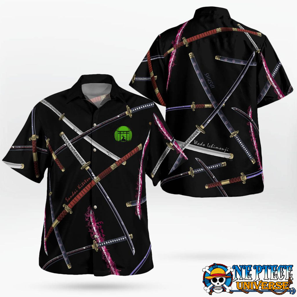 4 Sword Style Zoro Hawaiian Shirt Black: Emma, Wado, Sandai, Shusui | One Piece Universe Store