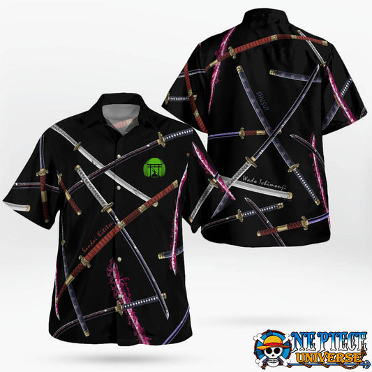 4 Sword Style Zoro Hawaiian Shirt Black: Emma, Wado, Sandai, Shusui | One Piece Universe Store