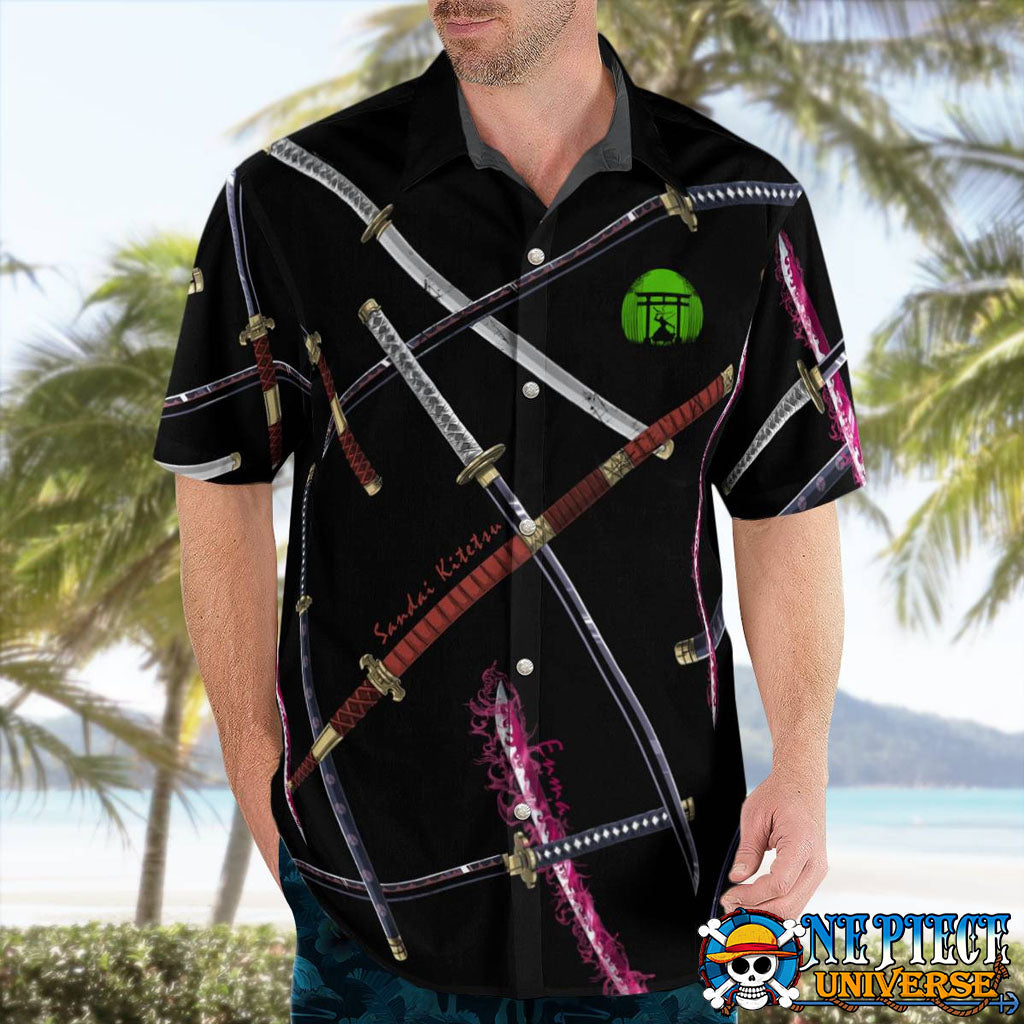 4 Sword Style Zoro Hawaiian Shirt Black: Emma, Wado, Sandai, Shusui | One Piece Universe Store