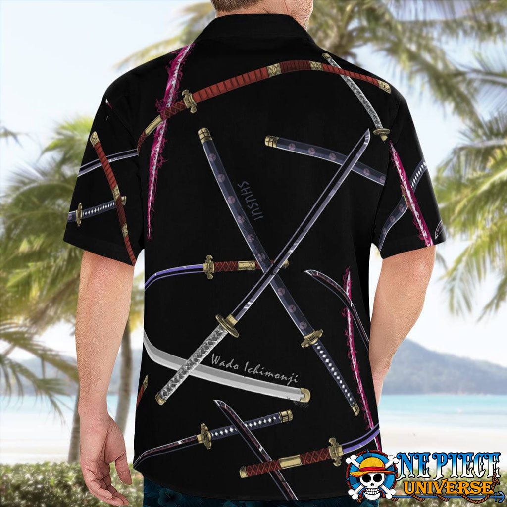 4 Sword Style Zoro Hawaiian Shirt Black: Emma, Wado, Sandai, Shusui | One Piece Universe Store