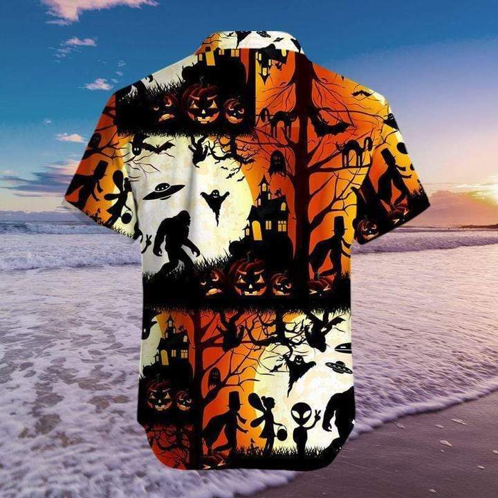 Bigfoot Halloween Hawaii Shirt Bigfoot Alien Halloween Orange Hawaiian Shirt