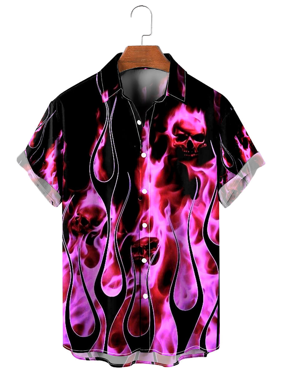 Casual Green Flame Skull Print Aloha Shirt