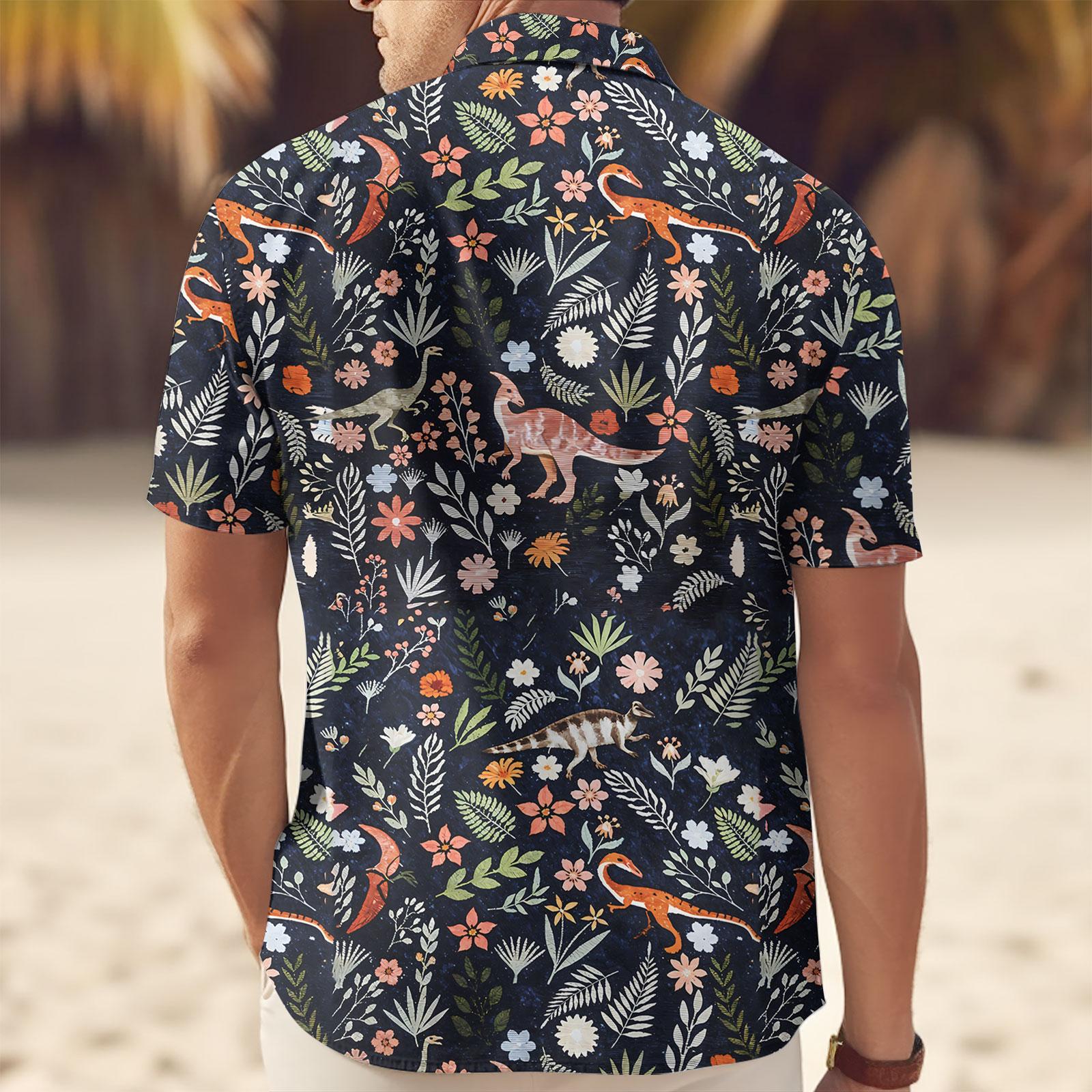 Dinosaur Floral Button Up Shirt, Animal Tropical Vacation Hawaiian Shirt