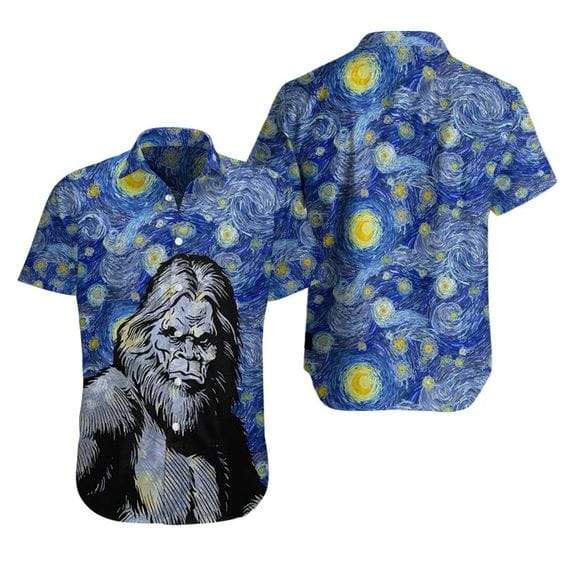 Bigfoot Hawaiian Shirt Bigfoot Starry Night Sky Painting Hawaii Aloha Shirt