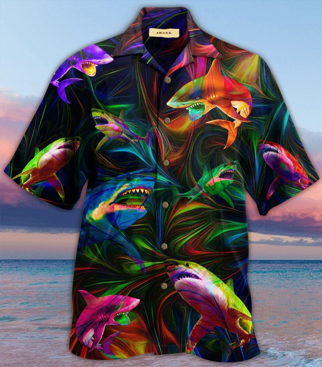 Psychedelic Shark Hawaiian Shirt, Neon Ocean Aloha Shirt