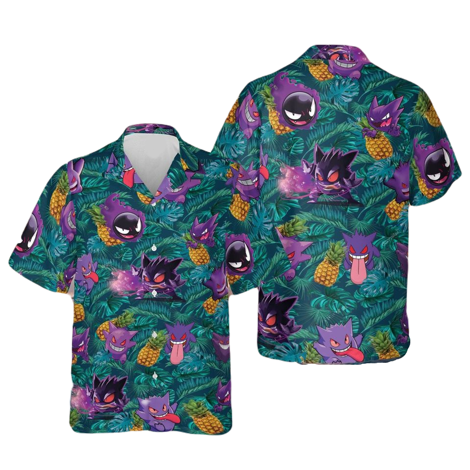 NoClaws Pokemon Hawaii Shirt Gengar Ghost Pokemon Pineapples Pattern Aloha Shirt Green Unisex