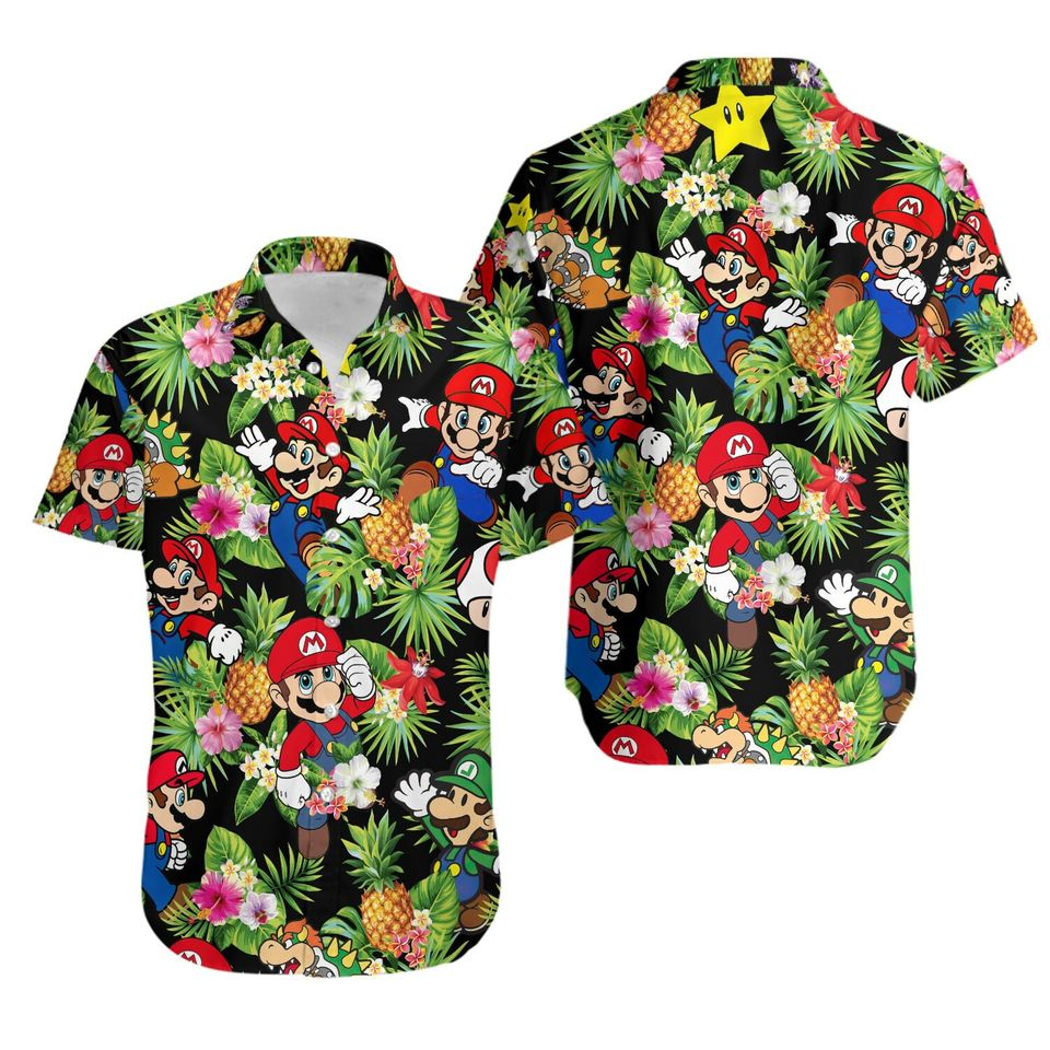 NoClaws Mario Hawaii Shirt Mario Tropical Pineapples Pattern Aloha Shirt Colorful Unisex