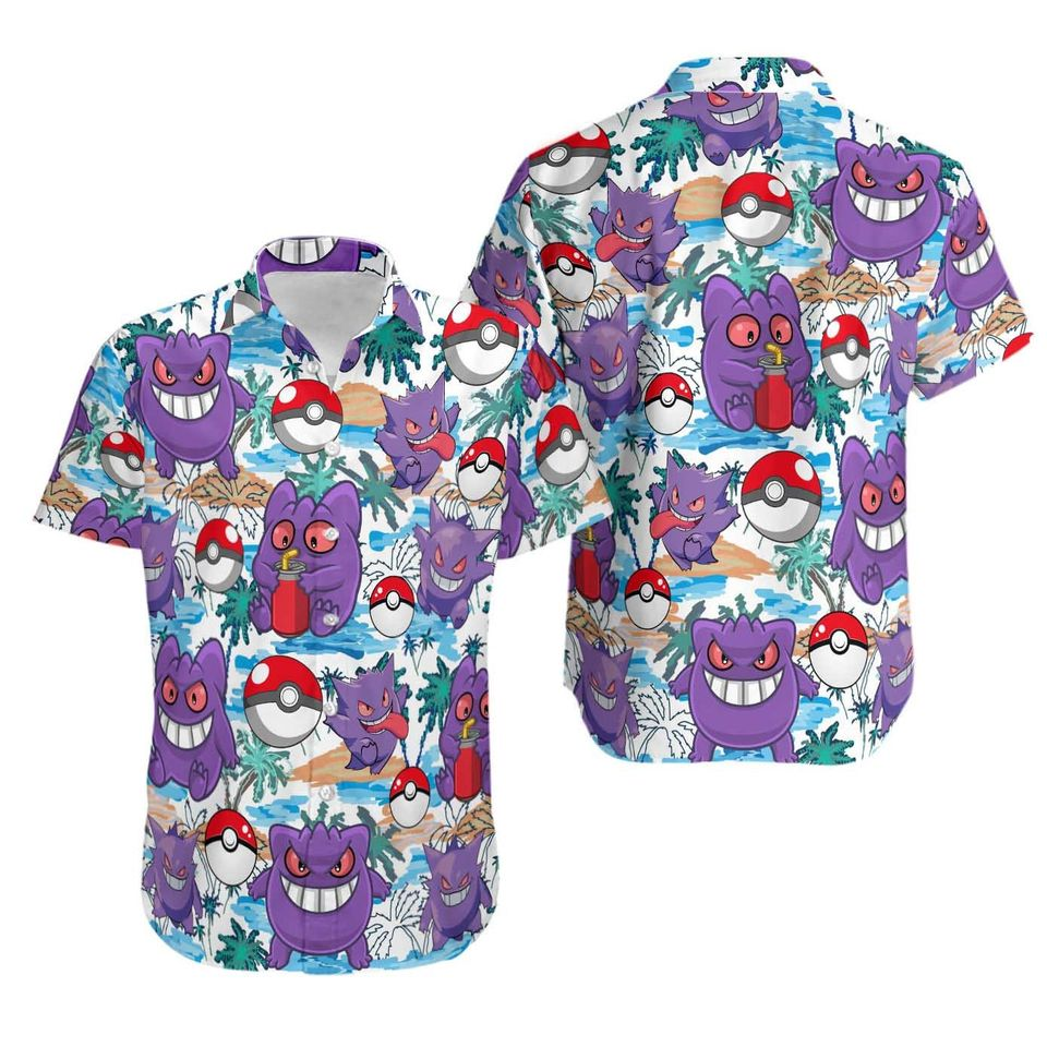 NoClaws Pokemon Hawaii Shirt Pokemon Gengar Ghost Pokeball Pattern Aloha Shirt Colorful Unisex