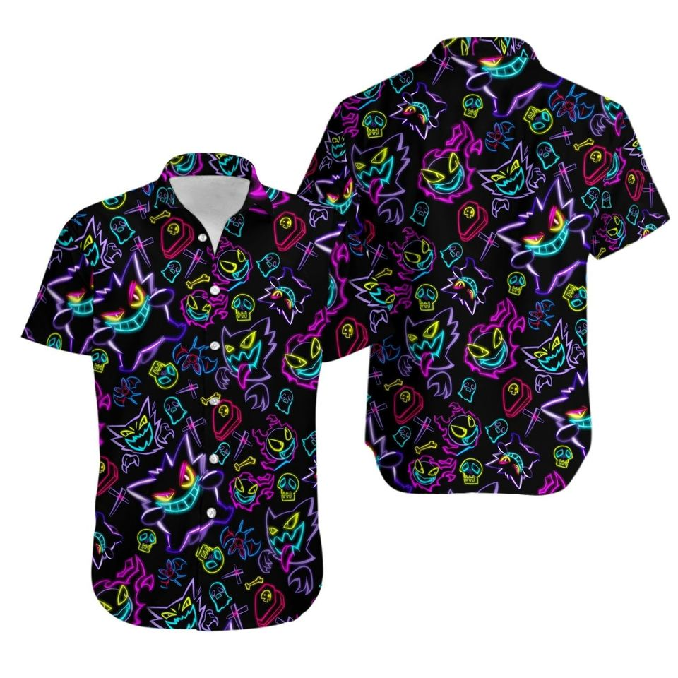 NoClaws Pokemon Hawaii Shirt Gengar Ghost Neon Light Pattern Aloha Shirt Black Unisex