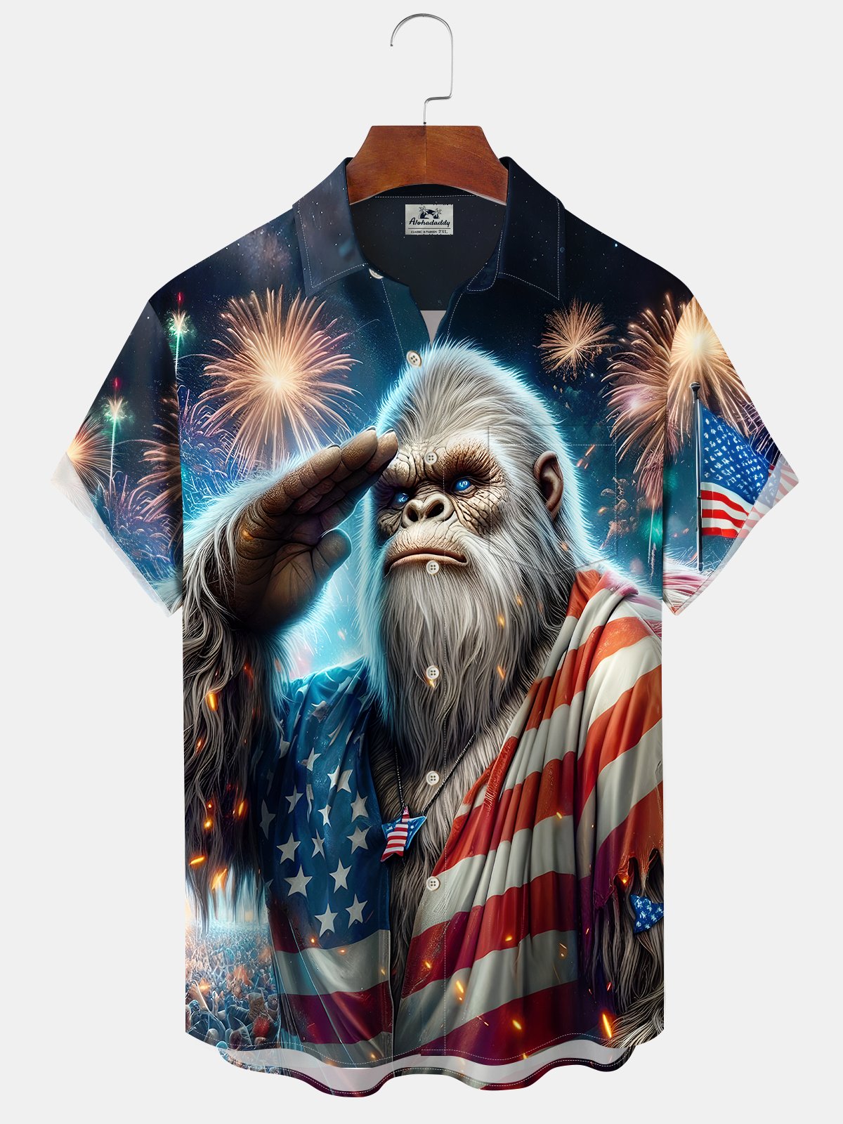 Alohadaddy Holiday Collection Independence Day Bigfoot American Flag Print Art Button Cardigan Pockets Large Size Long Short Sleeve Polyester Shirt