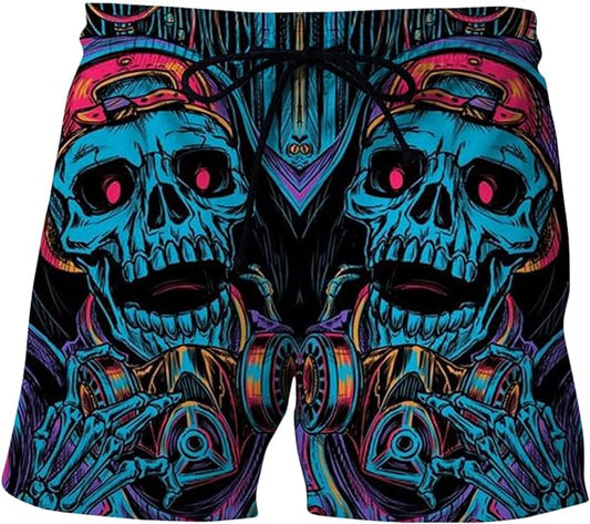 Skull Shorts Retro Skull with Hat Pattern Beach Shorts Black Blue