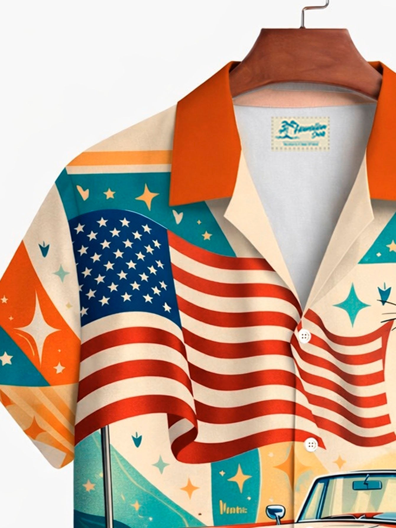 Alohadaddy® Hawaii Retro Geometric Atomic Cat Flag Print Men's Button-Down Short-Sleeve Shirt Big & Tall