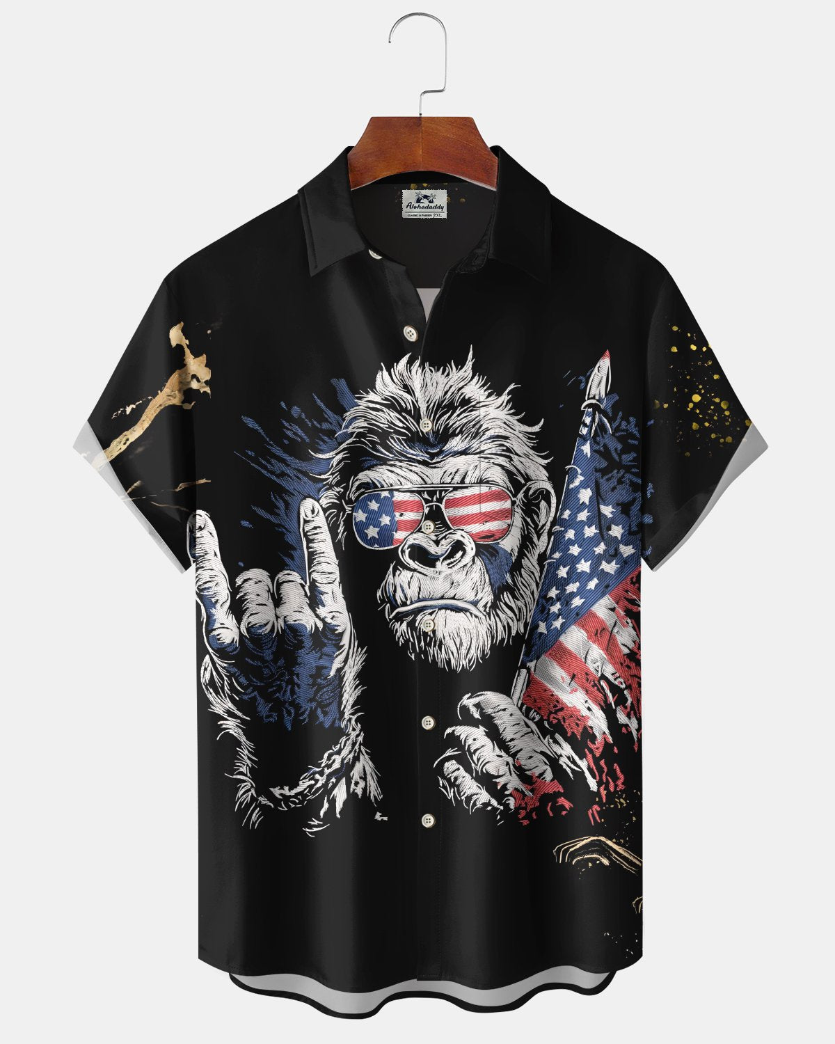 Alohadaddy® Men's Short-Sleeve Button-Down Shirt  USA 250th Anniversary Bigfoot Print, Pocket Cardigan Style