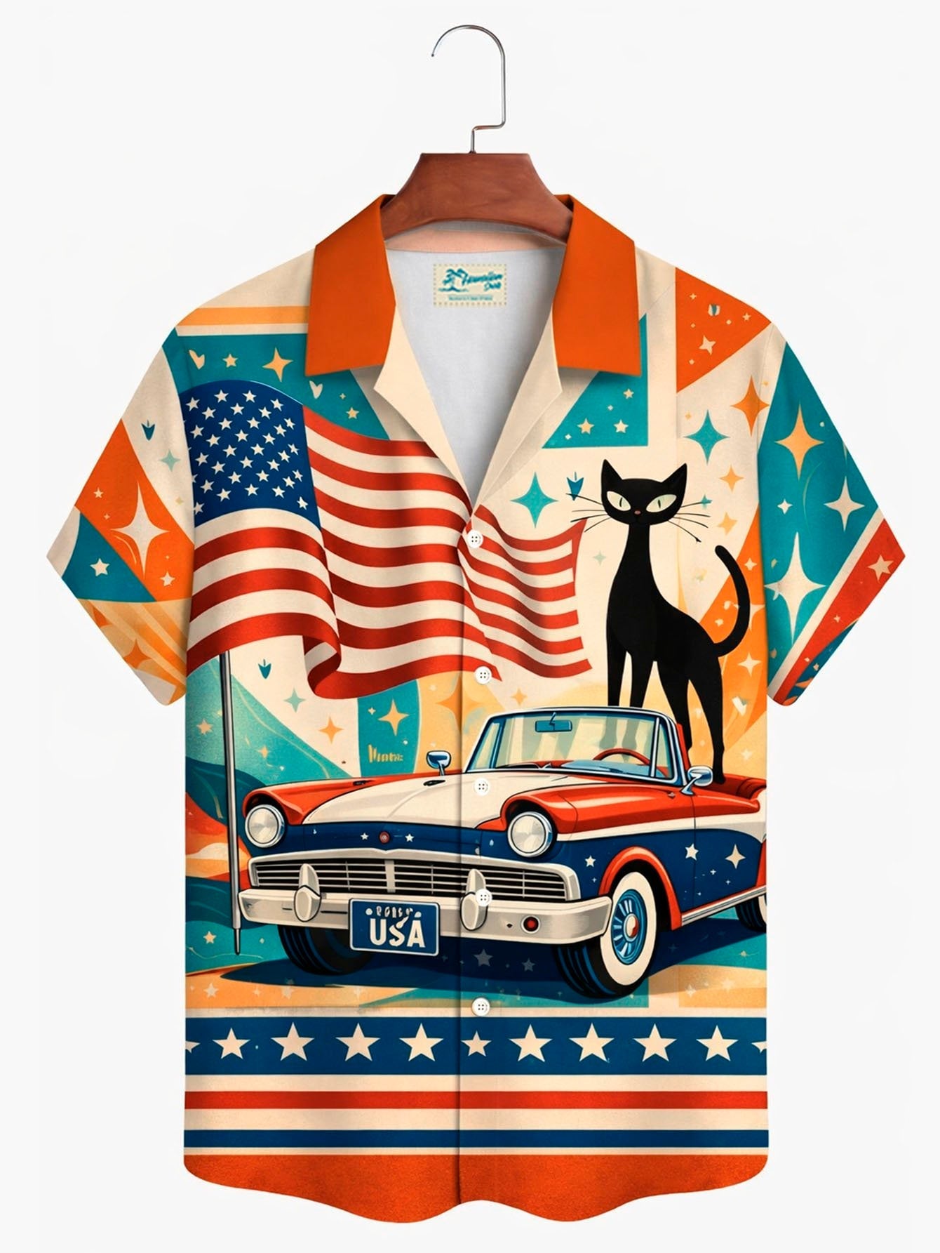Alohadaddy® Hawaii Retro Geometric Atomic Cat Flag Print Men's Button-Down Short-Sleeve Shirt Big & Tall