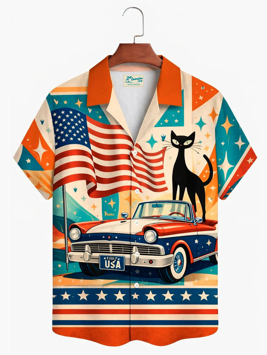 Alohadaddy® Hawaii Retro Geometric Atomic Cat Flag Print Men's Button-Down Short-Sleeve Shirt Big & Tall