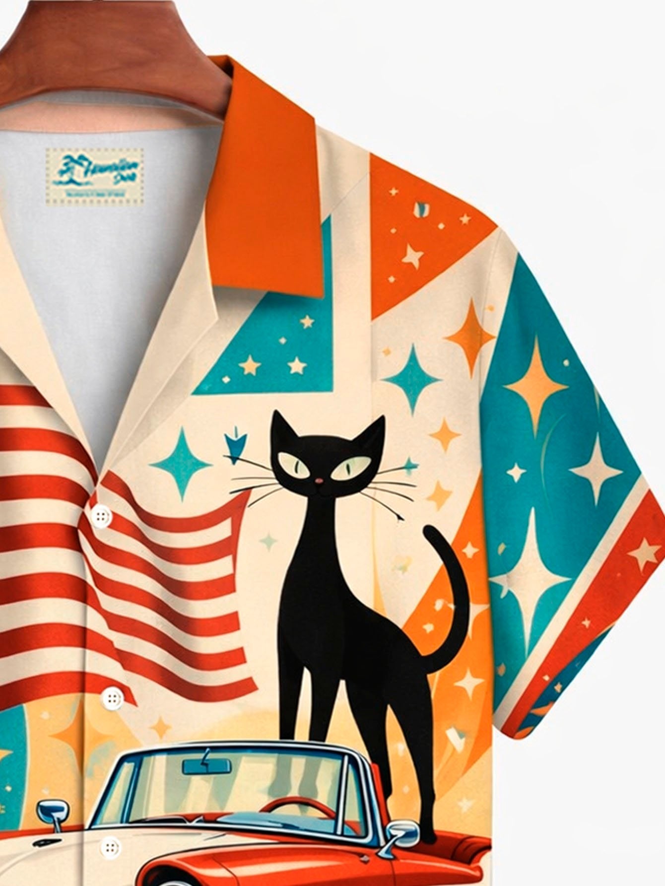 Alohadaddy® Hawaii Retro Geometric Atomic Cat Flag Print Men's Button-Down Short-Sleeve Shirt Big & Tall