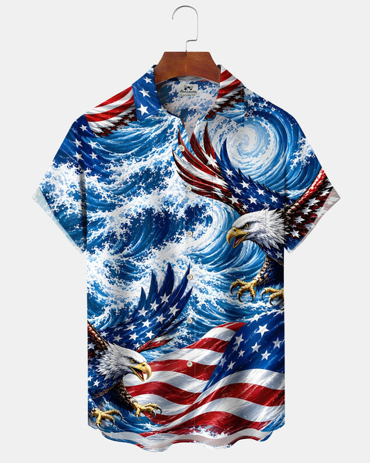 Alohadaddy® Men's Short-Sleeve Button-Down Shirt – Vintage Flag Print with Pocket