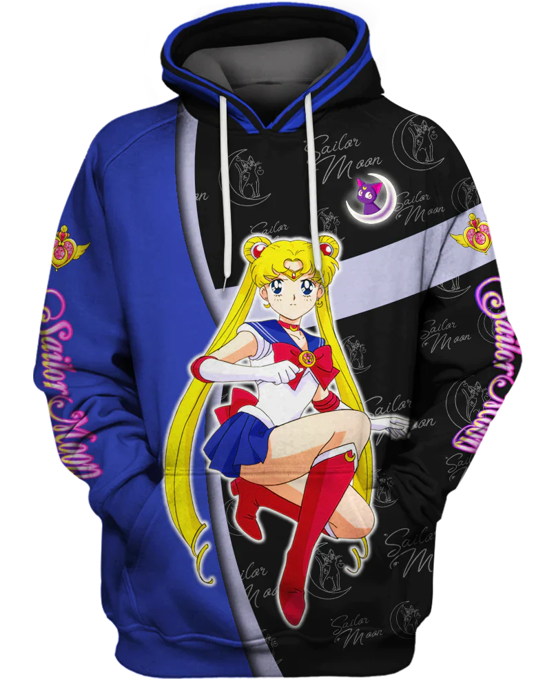 Sailor Moon Hoodie Sailor Moon Signature Pattern Hoodie Black Blue Unisex