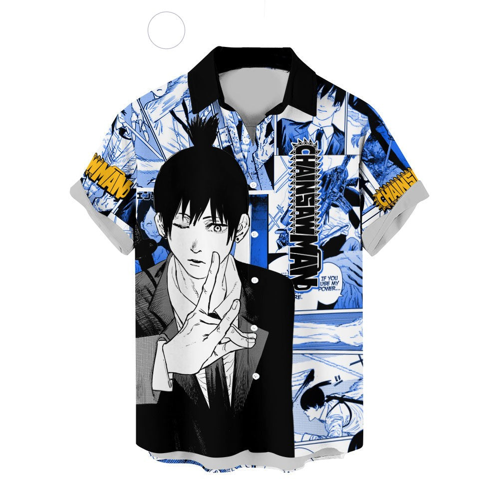NoClaws Chainsaw Man Hawaii Shirt Aki Hayakawa Character Manga Style Pattern Aloha Shirt Blue Unisex