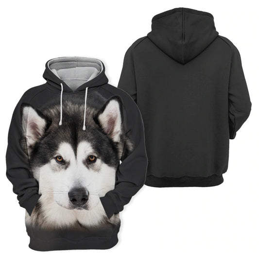 Dog Hoodie Alaskan Malamute Dog Face Graphic Hoodie Black White Unisex