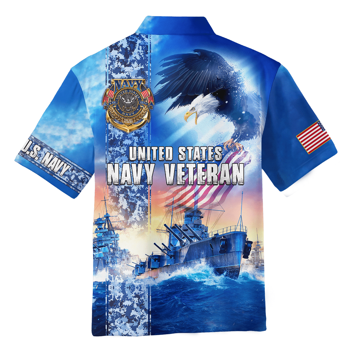 NoClaws Veteran Hawaii Shirt US Navy Veteran War Ship Eagle Aloha Shirt Blue Unisex
