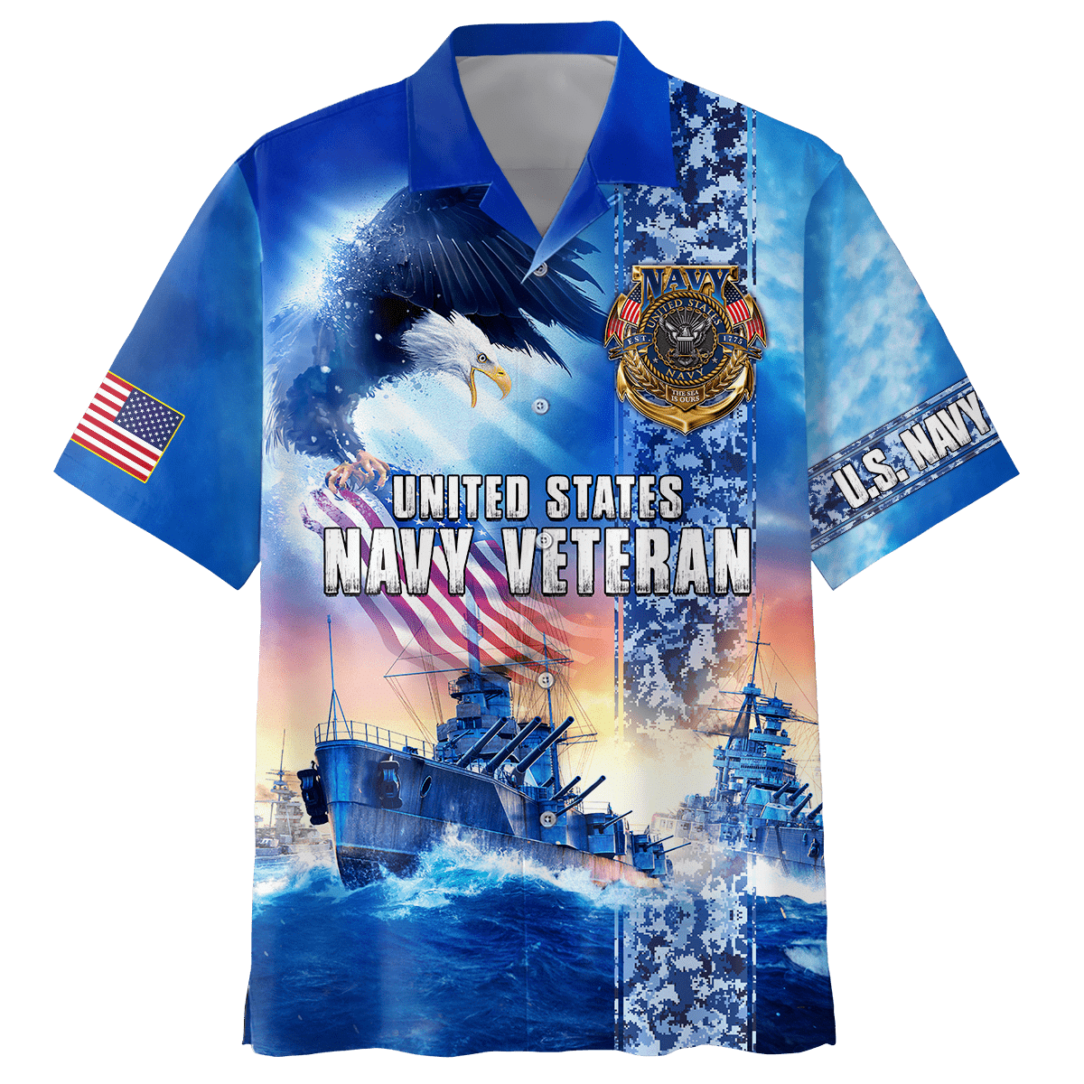 NoClaws Veteran Hawaii Shirt US Navy Veteran War Ship Eagle Aloha Shirt Blue Unisex