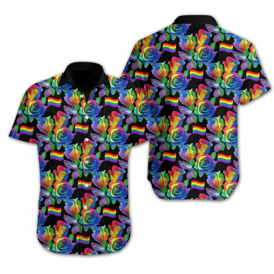 NoClaws NoClaws LGBT Hawaii Shirt Flag Of LGBT Rose Pattern Hawaiian Shirt Colorful Unisex