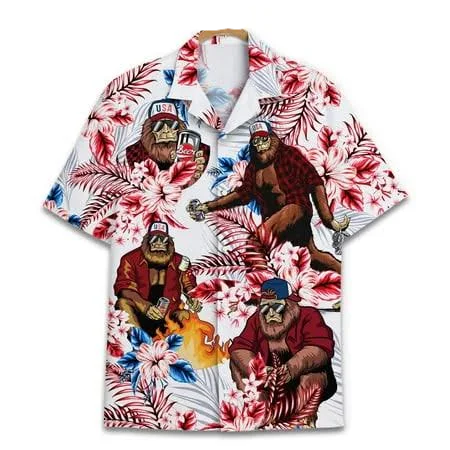 NoClaws Bigfoot Hawaii Shirt Bigfoot Beer American Flag Flower Pattern Hawaiian Shirt Colorful Unisex