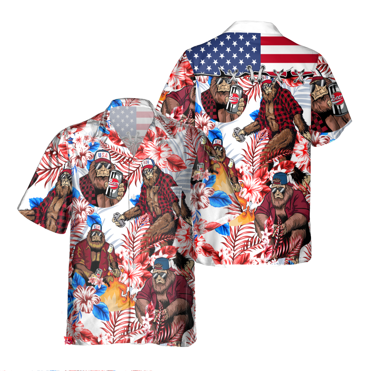 NoClaws Bigfoot Hawaii Shirt Bigfoot Beer American Flag Flower Pattern Hawaiian Shirt Colorful Unisex