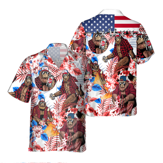 NoClaws Bigfoot Hawaii Shirt Bigfoot Beer American Flag Flower Pattern Hawaiian Shirt Colorful Unisex