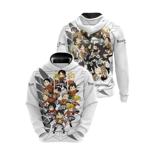 Attack On Titan Hoodie Attack On Titan Chibi Characters Pattern Hoodie White Unisex