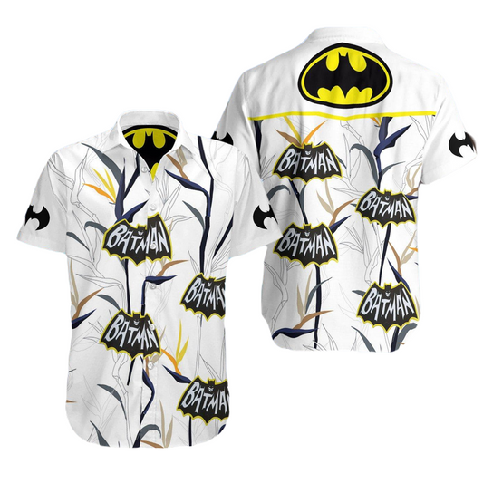 NoClaws Batman Hawaii Shirt DC Batman Symbol Tropical Leaves Pattern Hawaiian Shirt Black White Unisex
