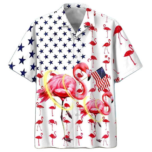 NoClaws Flamingo Hawaii Shirt Flamingo American Flag Pattern Hawaiian Shirt White Pink Unisex