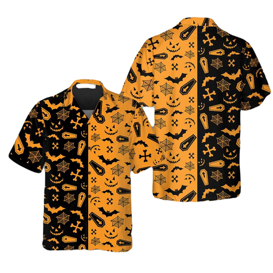 NoClaws Halloween Hawaii Shirt Halloween Casket Bat Spiderweb Pattern Hawaiian Shirt Black Orange Unisex