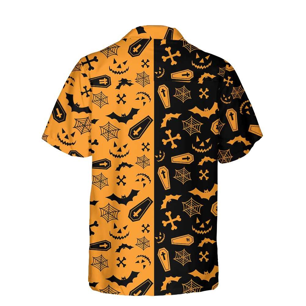 NoClaws Halloween Hawaii Shirt Halloween Casket Bat Spiderweb Pattern Hawaiian Shirt Black Orange Unisex