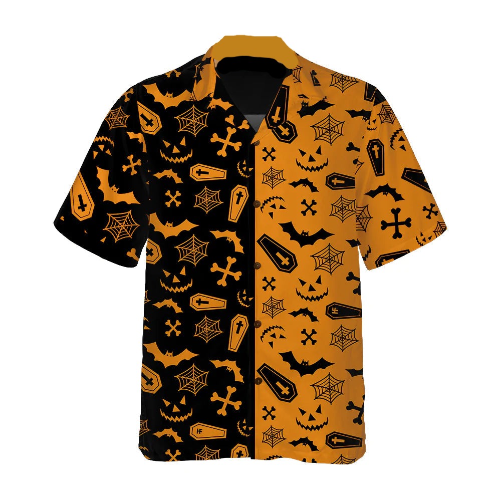 NoClaws Halloween Hawaii Shirt Halloween Casket Bat Spiderweb Pattern Hawaiian Shirt Black Orange Unisex
