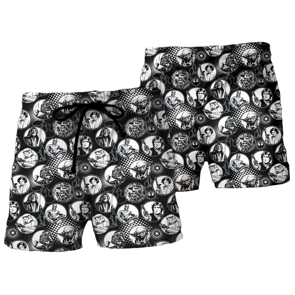 Starwars Shorts Starwars Characters in Bubble Pattern Beach Shorts Black White