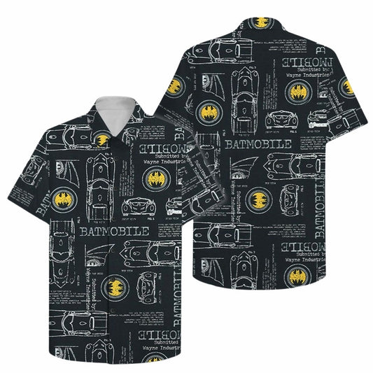 NoClaws Batman Hawaii Shirt DC Batman Batmobile Sketch Pattern Hawaiian Shirt Black Unisex