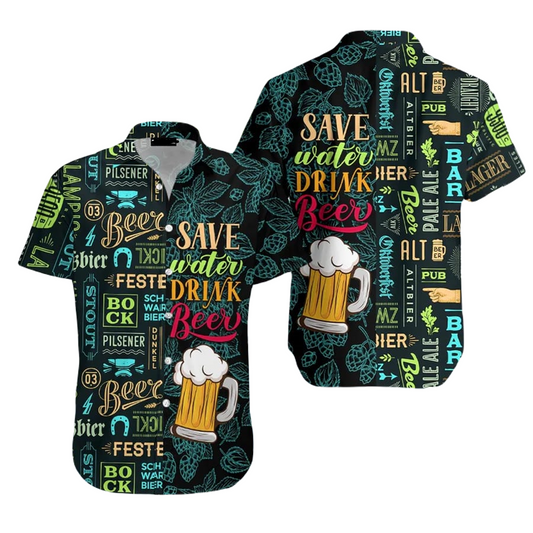 NoClaws Beer Hawaii Shirt Save Water Drink Beer Pattern Hawaiian Shirt Green Unisex