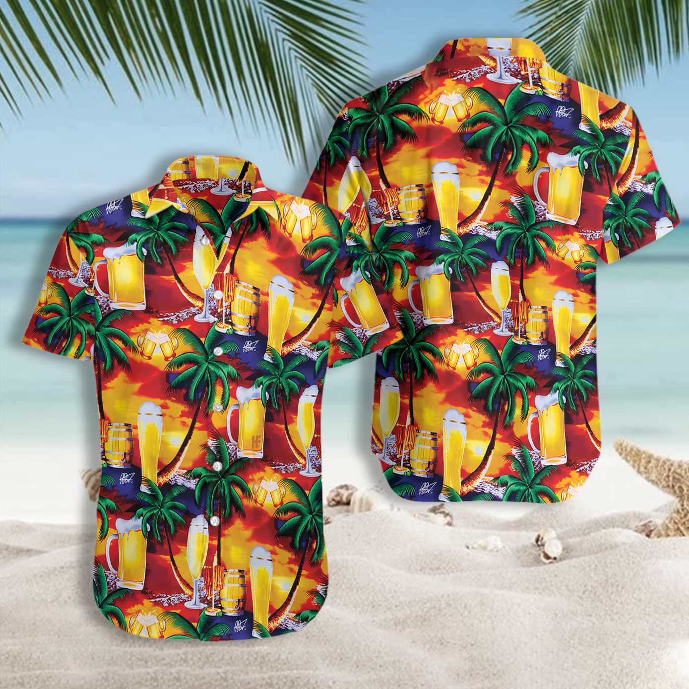 Gifury Beer Hawaii Shirt Tropical Sunset Beer Cups Pattern Yellow Red Hawaiian Shirt Beer Aloha Shirt 2025