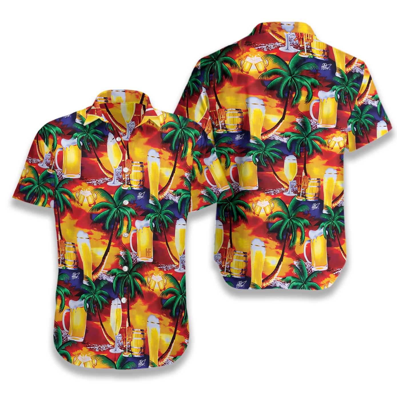 Gifury Beer Hawaii Shirt Tropical Sunset Beer Cups Pattern Yellow Red Hawaiian Shirt Beer Aloha Shirt 2023