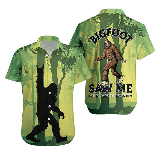 NoClaws Bigfoot Hawaii Shirt Bigfoot Saw Me Silhouette Forest Pattern Hawaiian Shirt Green Unisex