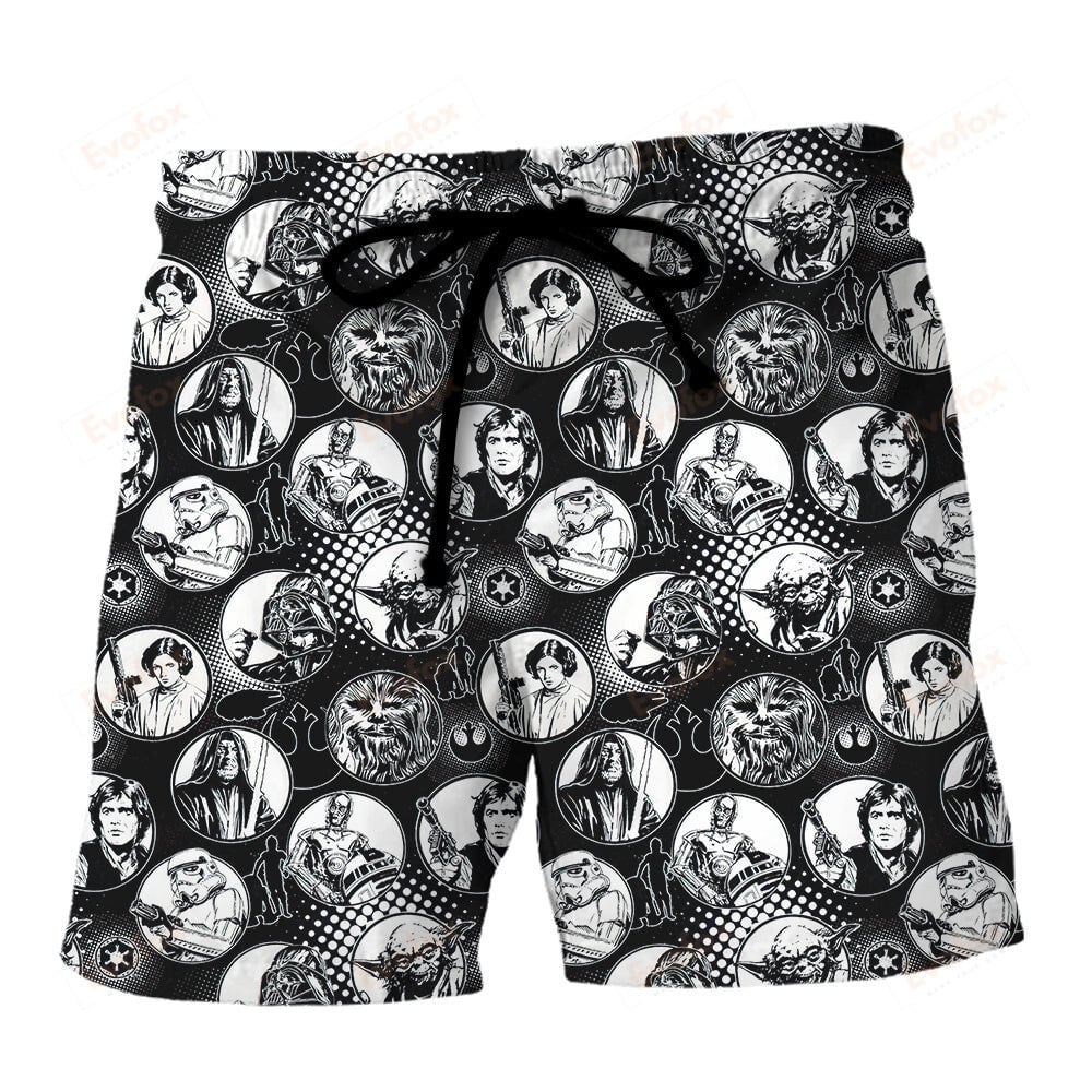 Starwars Shorts Starwars Characters in Bubble Pattern Beach Shorts Black White