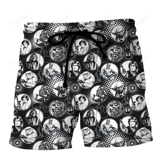 Starwars Shorts Starwars Characters in Bubble Pattern Beach Shorts Black White
