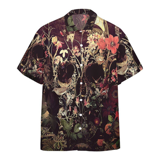 NoClaws Skull Hawaii Shirt Blooming Flower Skull Graphic Hawaiian Shirt Brown Unisex