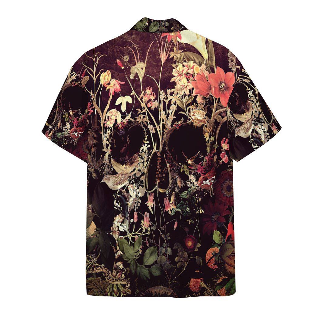 NoClaws Skull Hawaii Shirt Blooming Flower Skull Graphic Hawaiian Shirt Brown Unisex