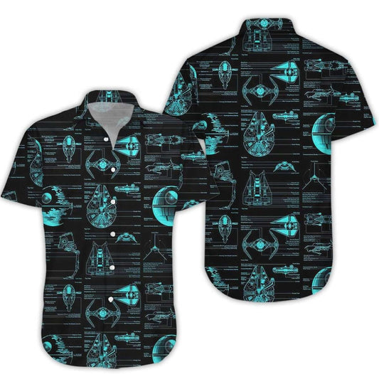 NoClaws Star Wars Hawaii Shirt Blueprint Drawings Of Spaceships Hawaiian Shirt Black Blue Unisex